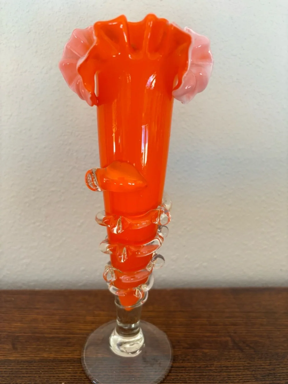 Vintage Bohemian Art Glass Vase Orange Cased White Ruffled Vase